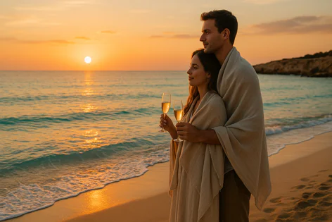 Romantic couple wrapped in a blanket on a beach at golden sunset, holding champagne and watching orange sky over turquoise ocean waves.