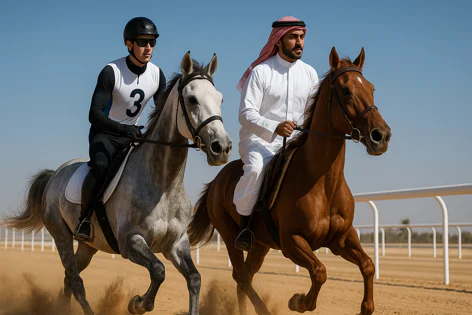 Two riders on horseback gallop on a dusty track. One wears a racing helmet and bib number 3 on a grey horse, while the other wears traditional white Arabic clothing on a brown horse.