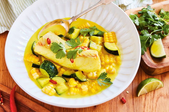 Cod and Corn in Spicy Curry Broth