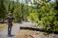 man hiking down a gravel path through pine trees while wearing a summit boulder junction 