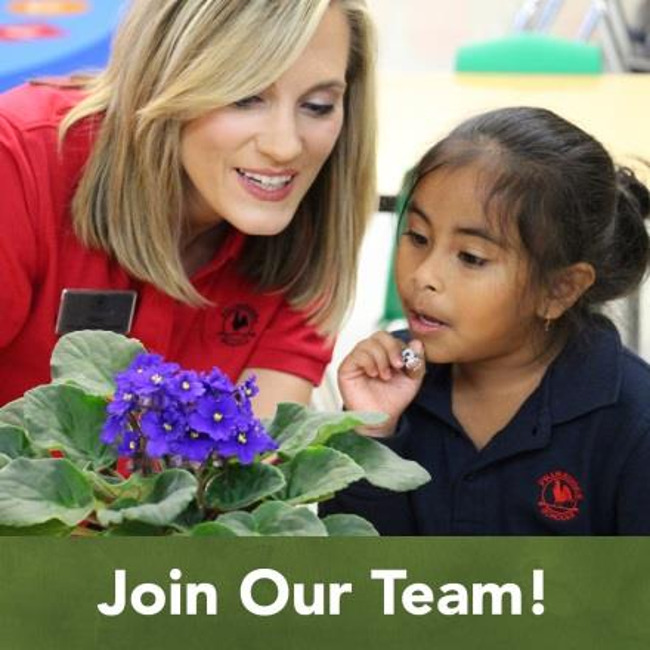 Join our team poster featuring a Primrose teacher showing her student different parts of a flower plant