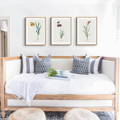 a set of three vintage flower art prints above a sofa in a light and airy living room