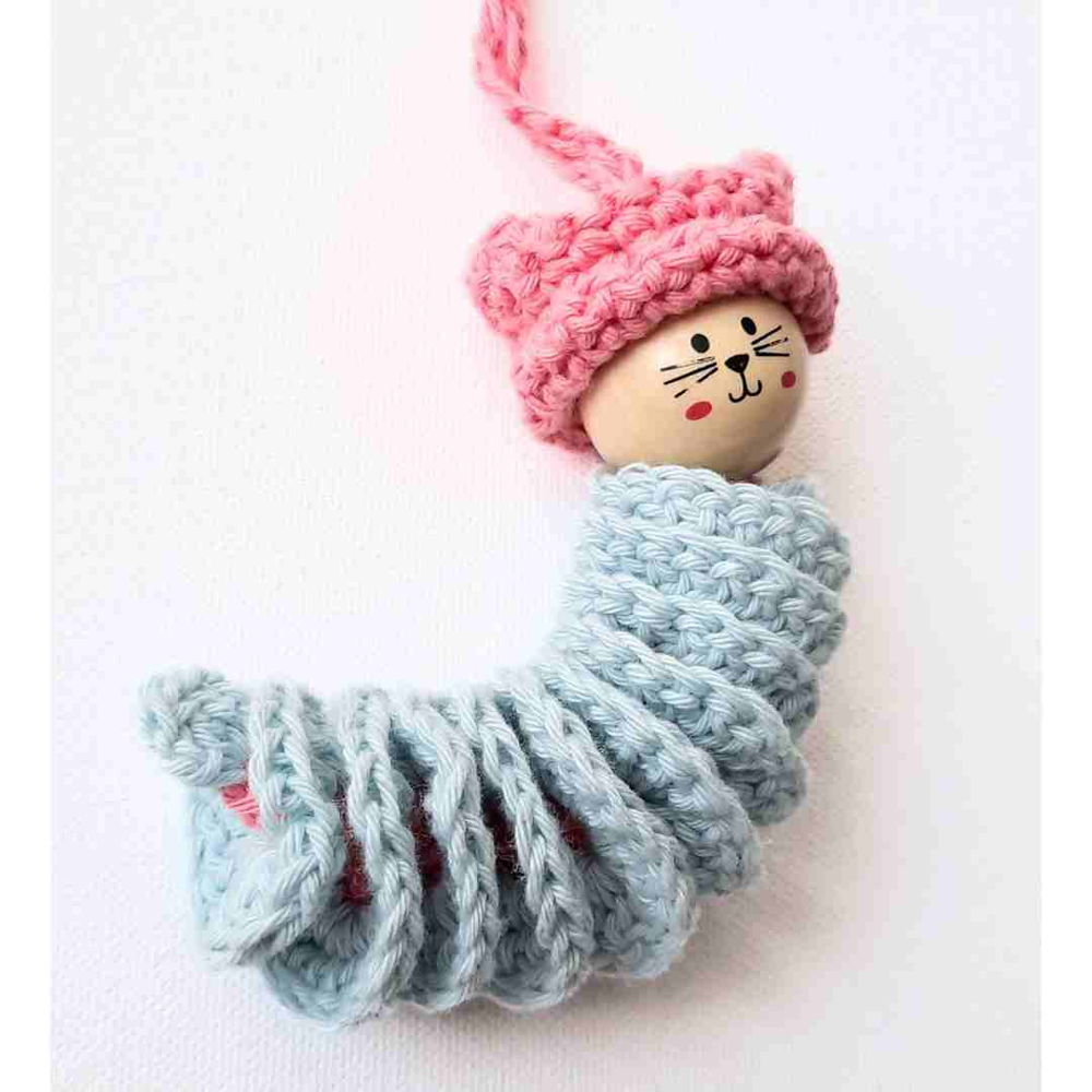 Kitty With A Cat Hat (Worry Worm With Wooden Head) Crochet Pattern PDF Printable