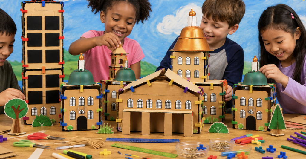 cardboard city model with 4 children using3duxdesign and assorted cardboard construction tools