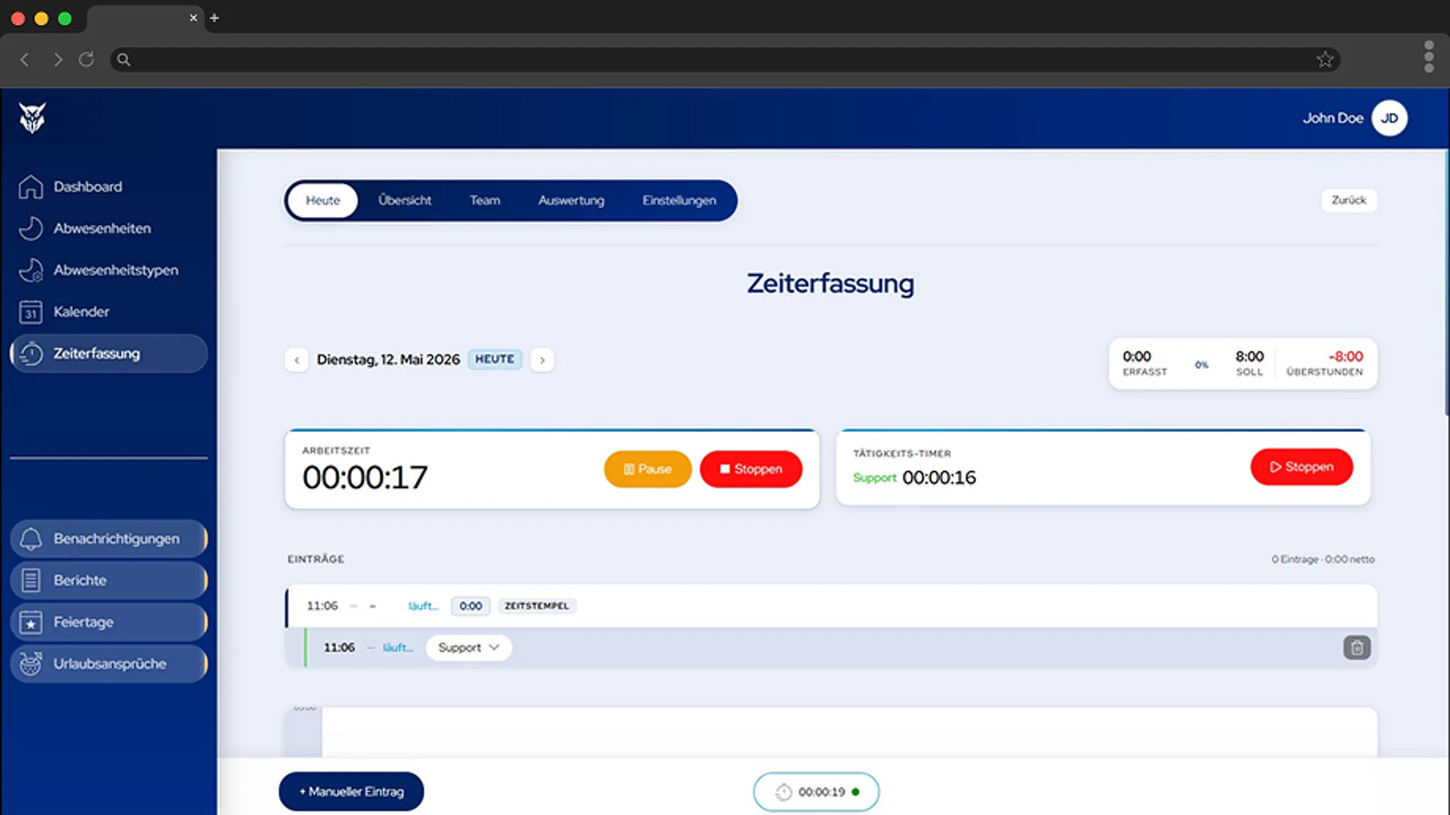 Traacko-Anwendung, Ansicht Zeiterfassung mit laufendem Arbeitszeit-Timer, Tätigkeits-Timer für Support und Eintragsübersicht für Dienstag, 12. Mai 2026