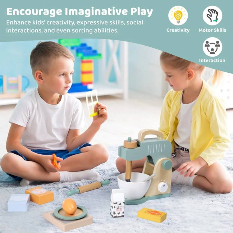Brother and sister playing with their Montessori Mixer Set in the playroom.