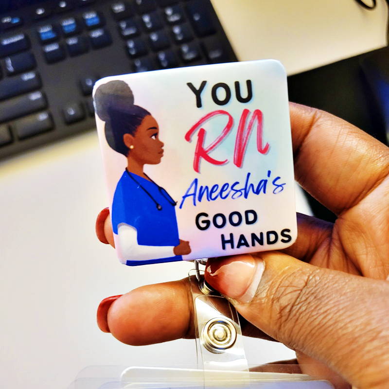 You RN Good hands ID badge custom with AA woman