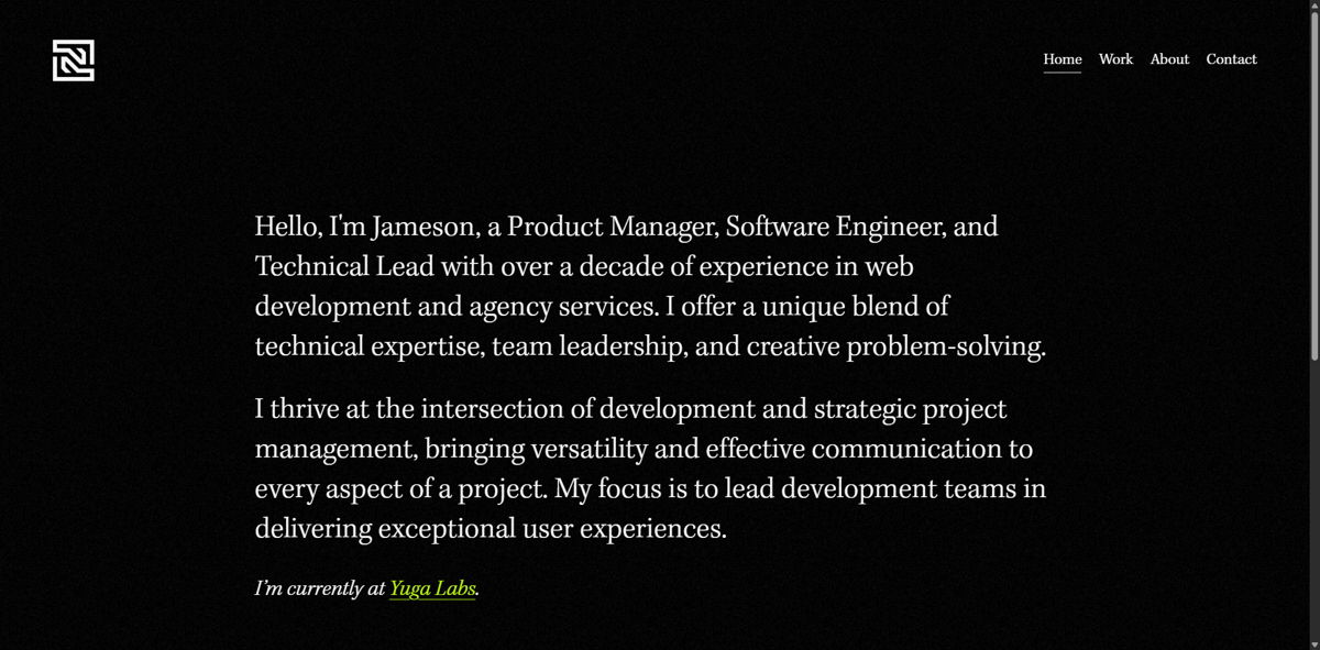 Screenshot of Jameson Nuss, from the software engineer portfolios collection.
