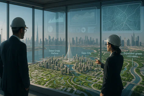 Professionals in hard hats studying a futuristic urban plan model showing buildings, green spaces, and waterways, with data dashboards on the glass.