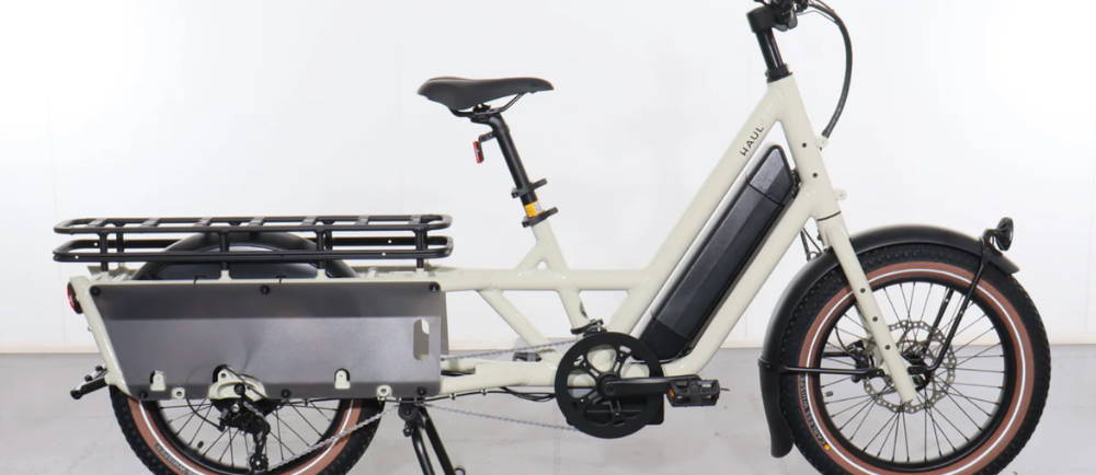 A white Specialized Globe Haul LT electric cargo bike