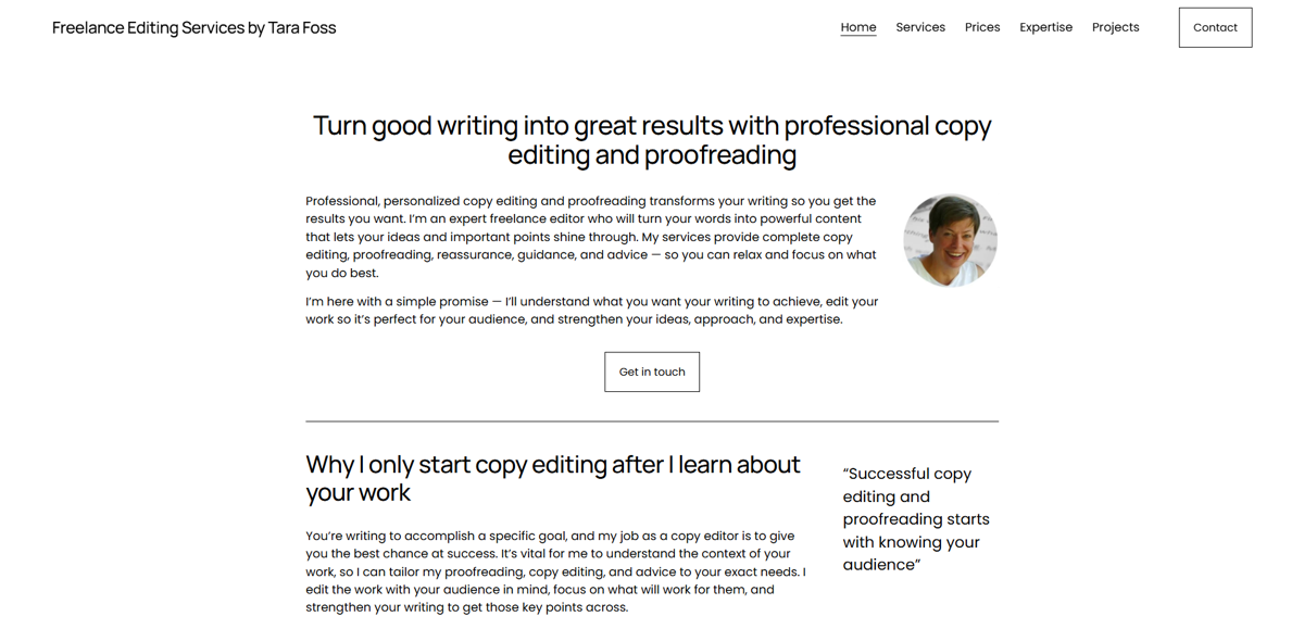 Screenshot of Freelance Editing Services by Tara Foss, from the content editor & proofreader portfolios collection.