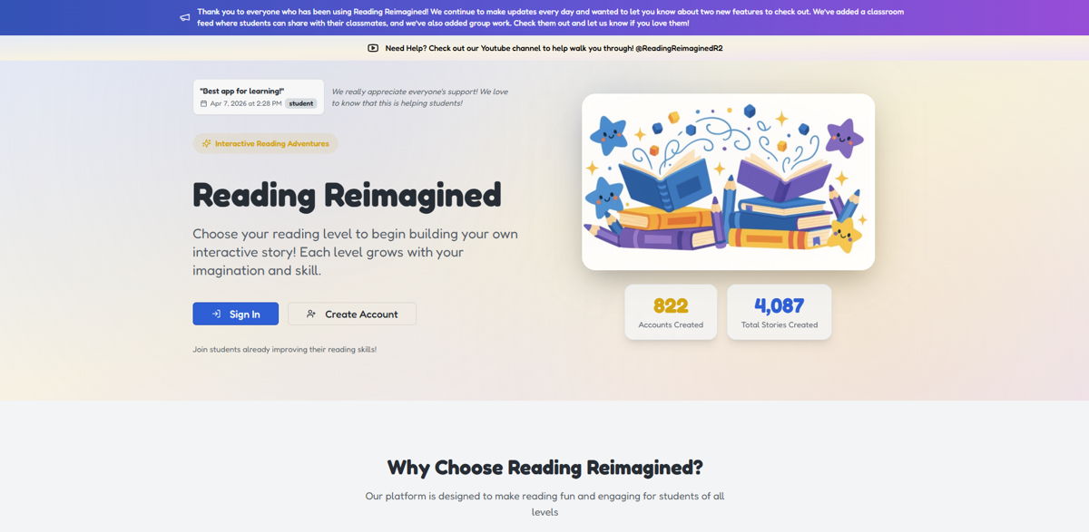 Screenshot of Reading Reimagined, from the replit websites collection.