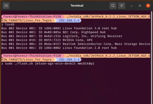 Jetson flashing command