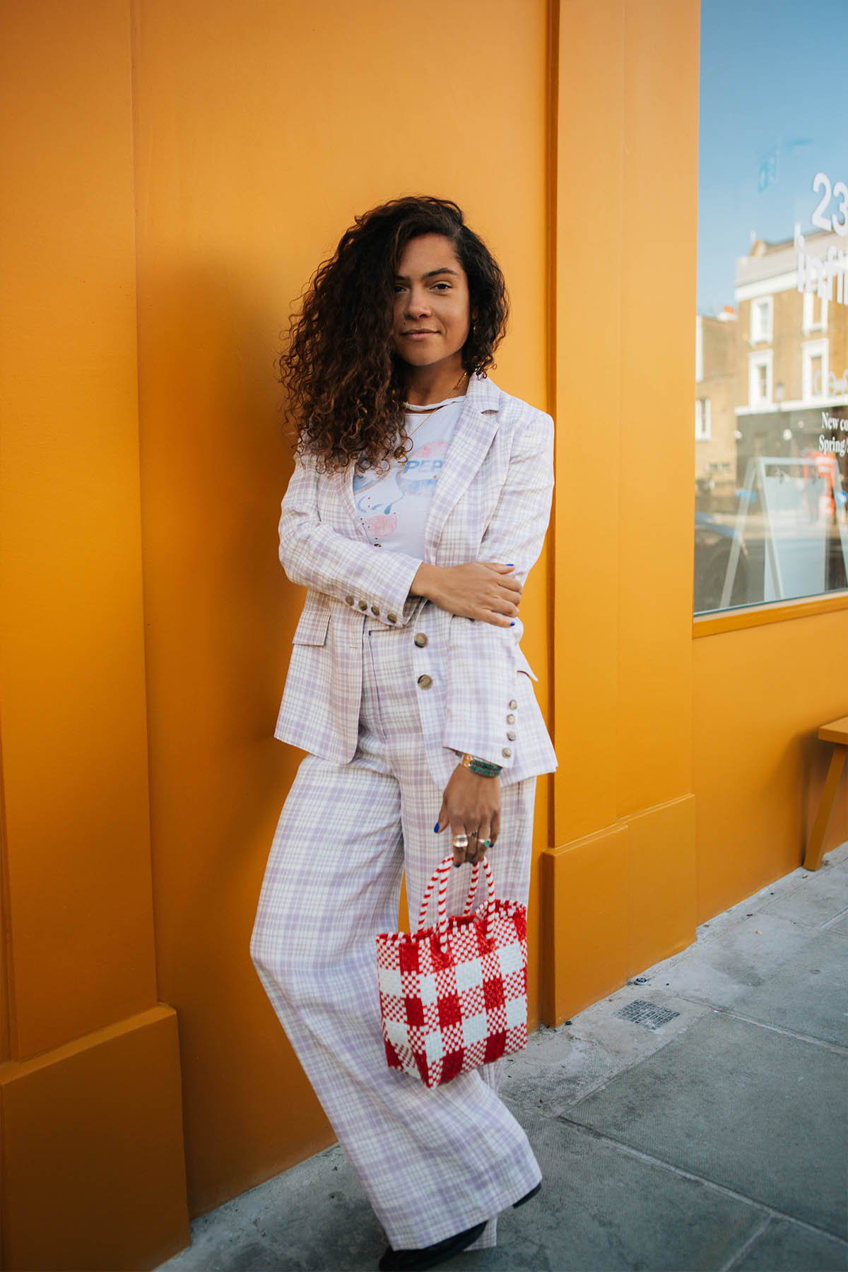 Lily Bertrand-Webb wears Yolke Lilac Linen Suit