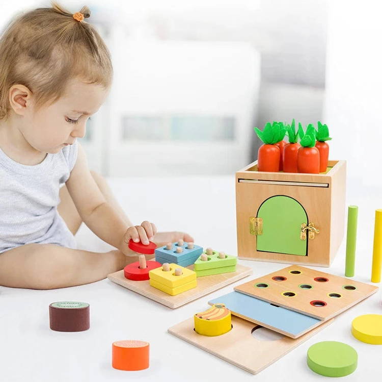 Toddler playing with colorful wooden shapes featured in the Montessori 6-in-1 Sorting Tool toy.