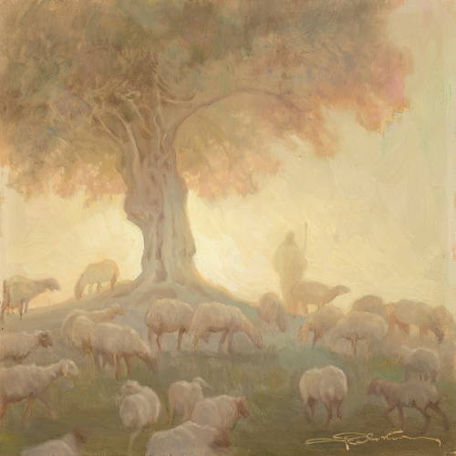 Soft painting of Jesus standing beneath a tree guarding a flock of sheep.