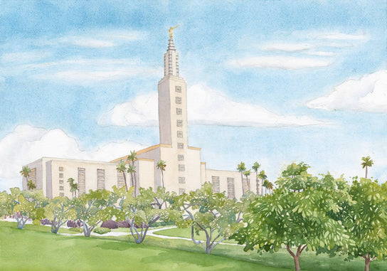 Painting of the Los Angeles Temple on a green hill with trees.