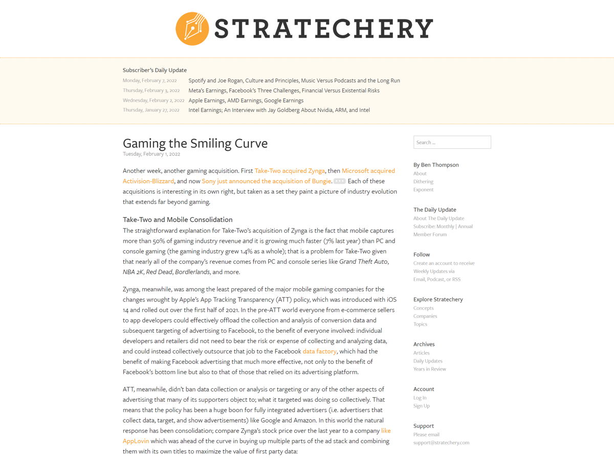 Screenshot of Tech Business Blog: Stratechery, from the blog examples collection.