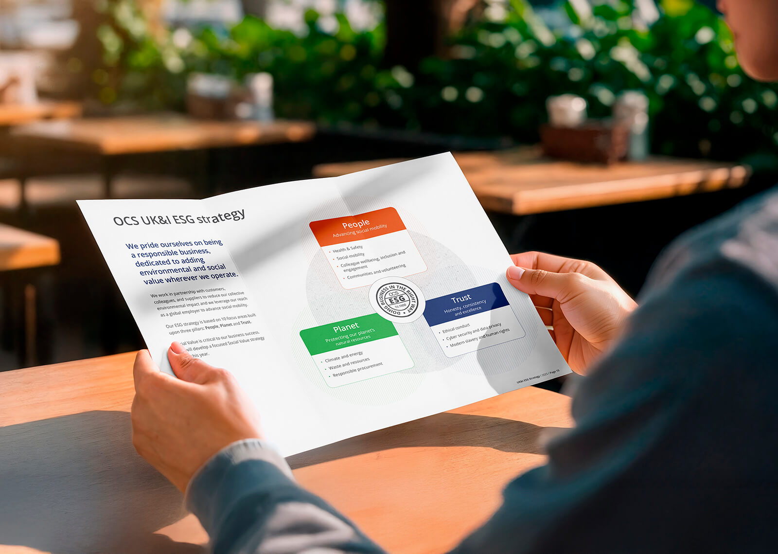 A person sits at a wooden table, holding a printed document titled OCS UK&I ESG strategy, featuring a colorful infographic with sections labeled People, Planet, and Trust. Sunlight and greenery are visible in the background.