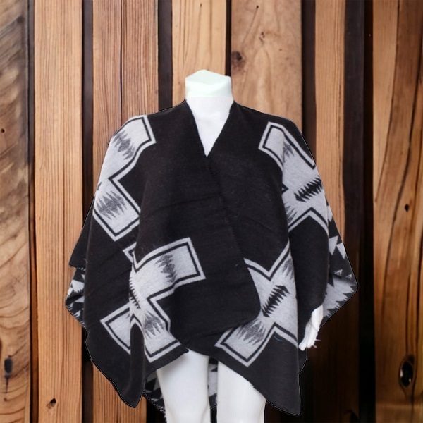 Cross Print Poncho - Black & White