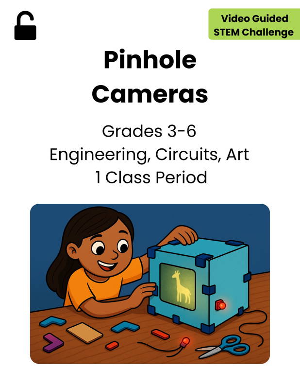 Student building a cardboard pinhole camera with 3DuxDesign connectors and simple circuits, projecting an image onto a screen as part of a hands-on engineering and art STEM activity for grades 3–6.