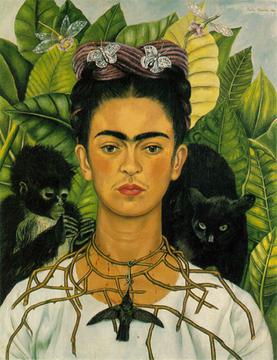 Portrait made by Frida featuring her pet monkey and black cat. Surrouned by large leaves. Her expression is serious.