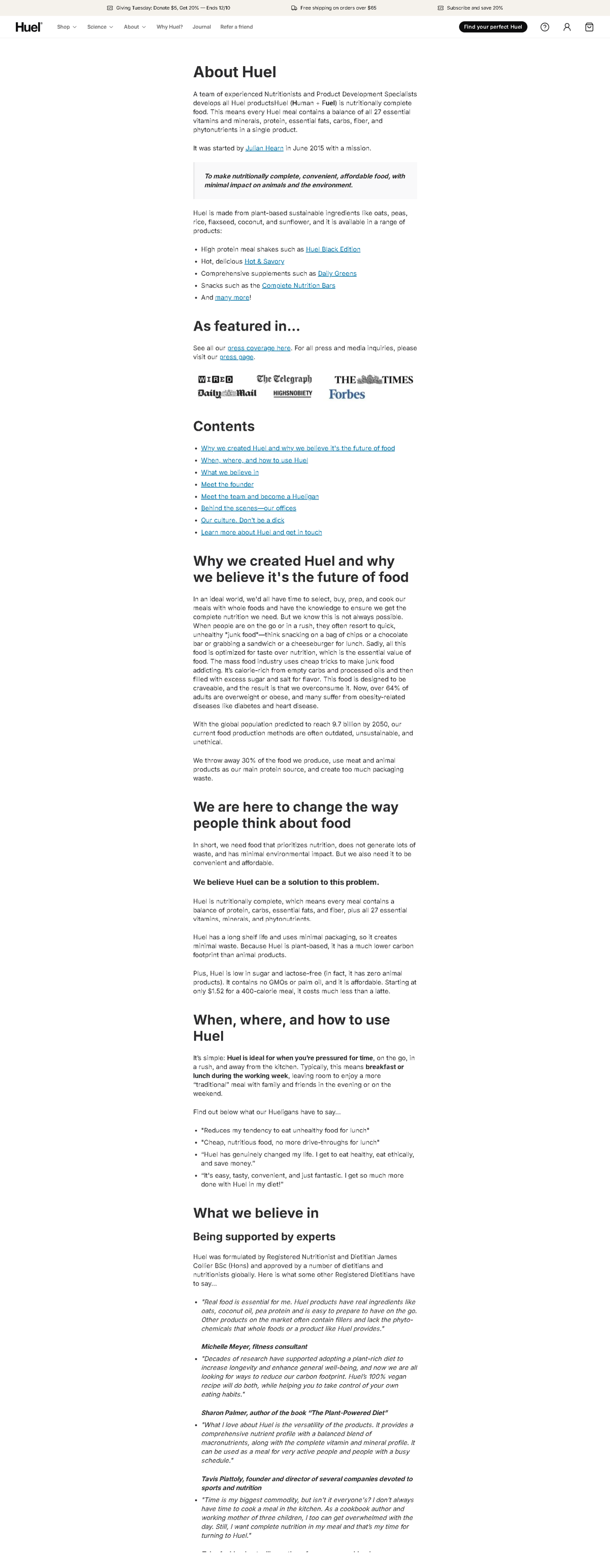 Screenshot of Huel , from the about us page examples collection.