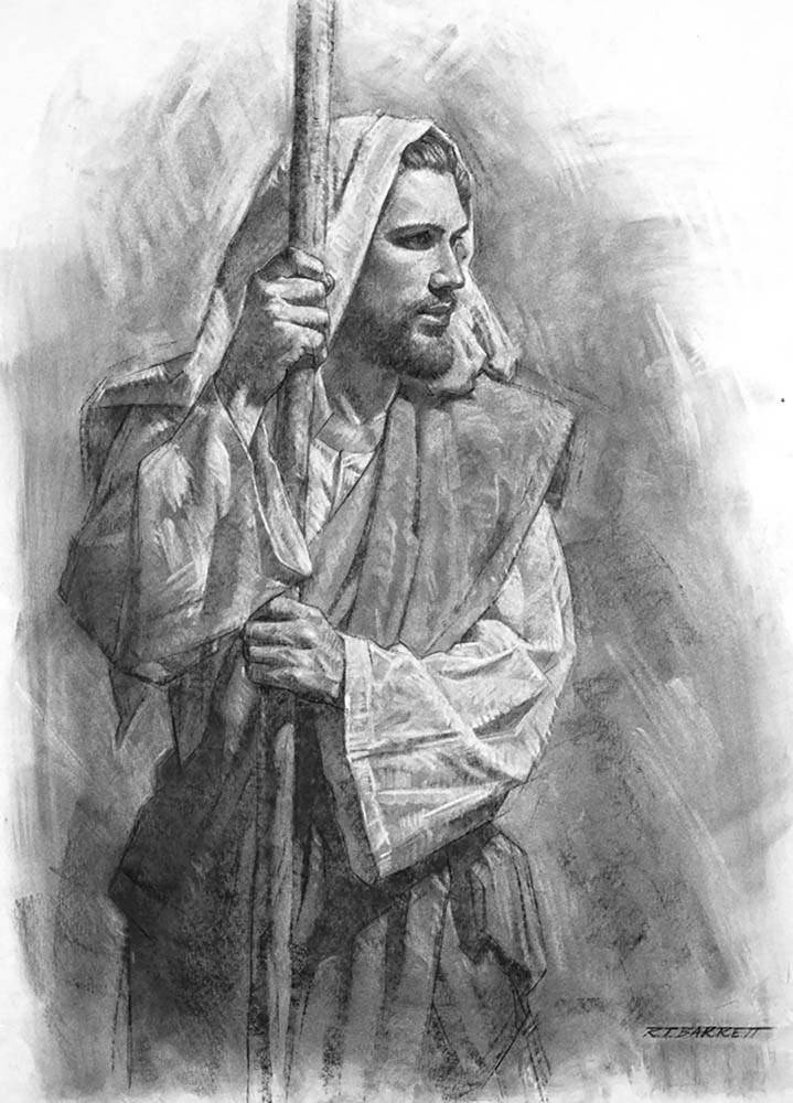 Detailed sketch of Jesus holding a shepherd's rod.