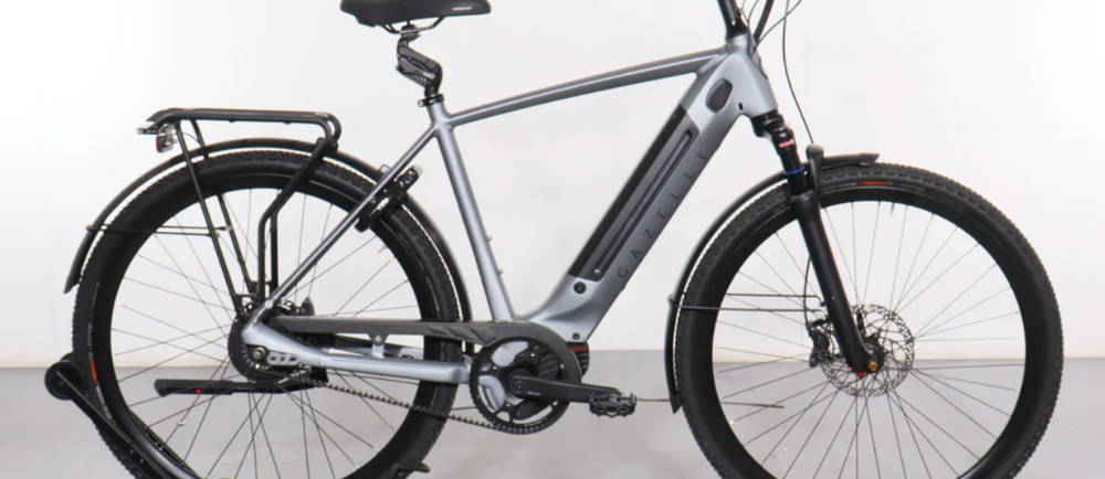 a silver Gazelle Ultimate C380+ electric city bike