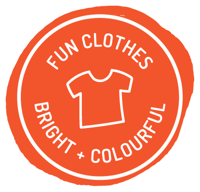 Image of an orange, circular icon with the text 'Fun clothes, bright and colourful'