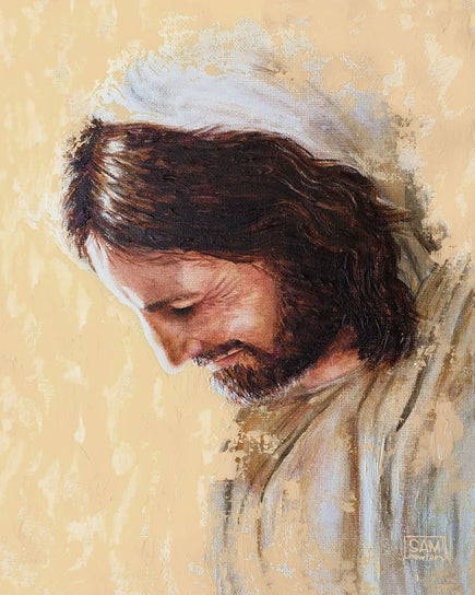 Portrait of Jesus. He is smiling and surrounded by light. 