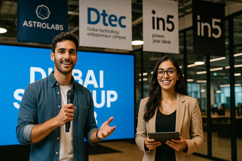 Two people presenting at a Dubai startup event. A man with a microphone speaks, a woman holds a tablet. Screen displays "DUBAI STARTUP". Banners for Astrolabs, Dtec, and in5 are visible.