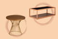 gold color table and a glass coffee table