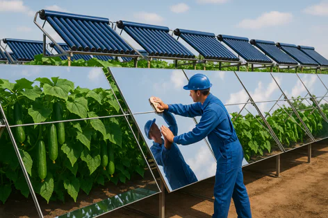 A worker cleans a large mirror reflecting the sky, part of a system with solar thermal collectors and plants with cucumbers growing.