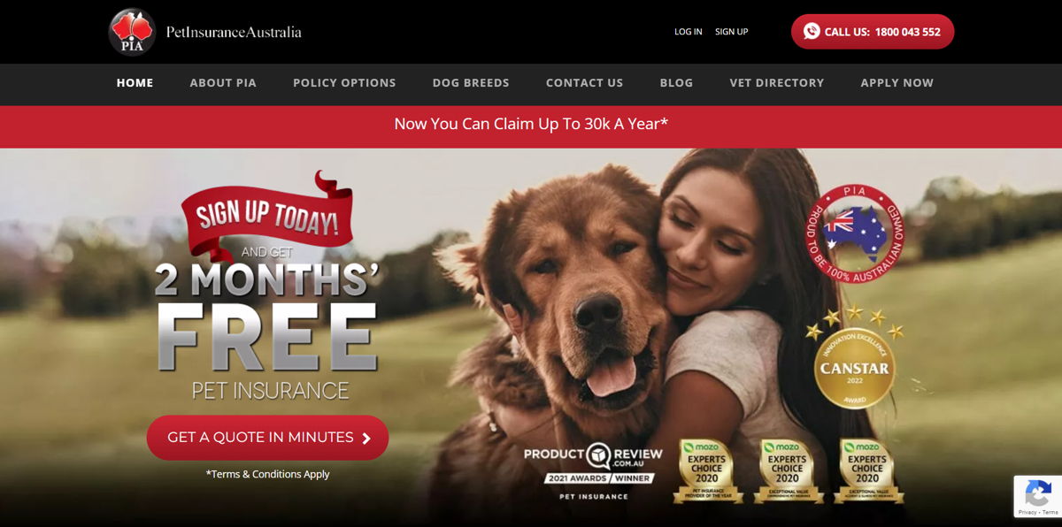 Screenshot of Pet Insurance Australia, from the insurance agent websites collection.