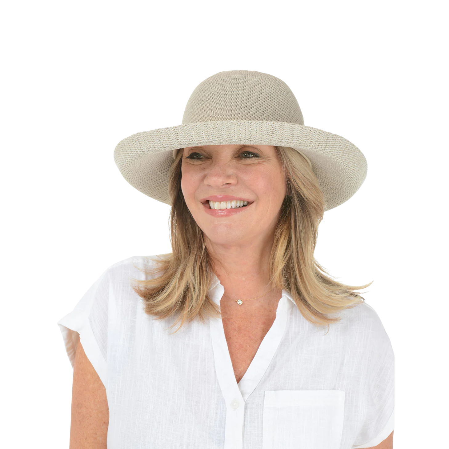 A woman wears a white wide-brimmed hat.