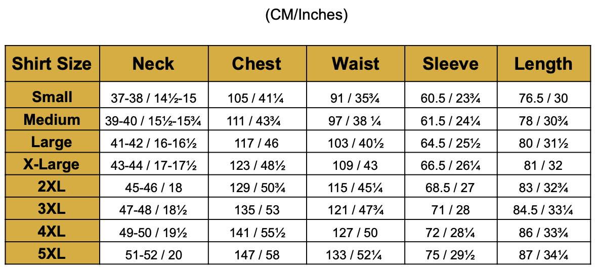 a table displaying the size chart in inches for silk shirts made by 1000 kingdoms including chest, neck, waist, and sleeve measurements for sizes XS, S, M, L, XL, and XXL