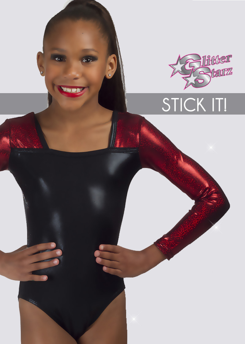 glitterstarz stick it leotard black red metallic custom bling for gymnastics