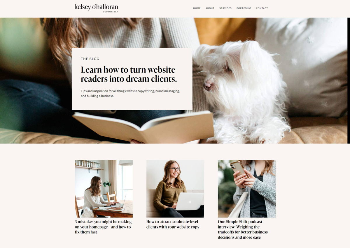 Screenshot of Kelsey O'Halloran, from the blog design examples collection.