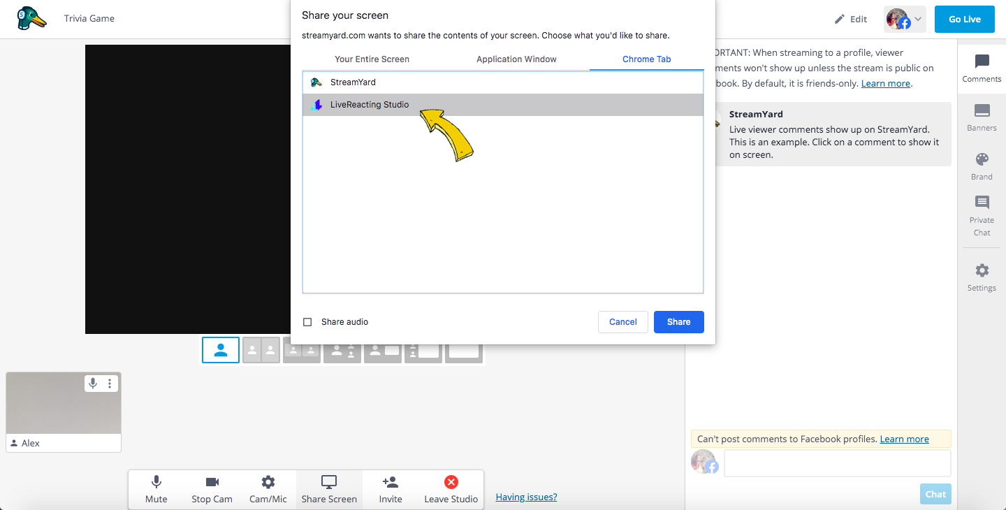 StreamYard select LiveReacting Studio Trivia tab