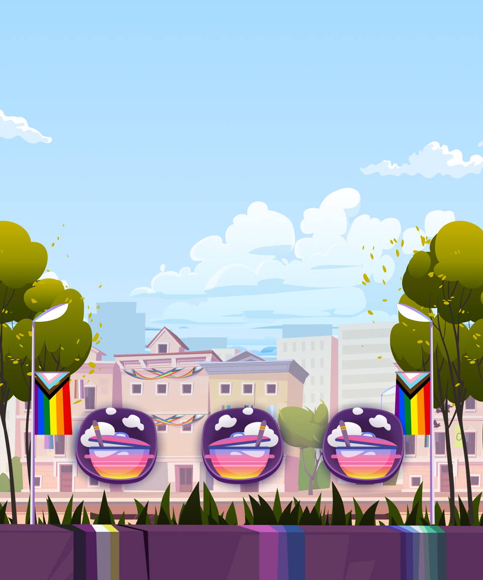 Three sprouts with rainbow bows sprouting out between two large trees dressed in rainbow garlands with a rainbow in the sky for Confetti's Virtual LGBTQIA+ Mini Games