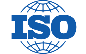 The blue ISO logo features large bold letters ISO in front of a stylized globe made of curved lines, symbolizing international standards and global reach.