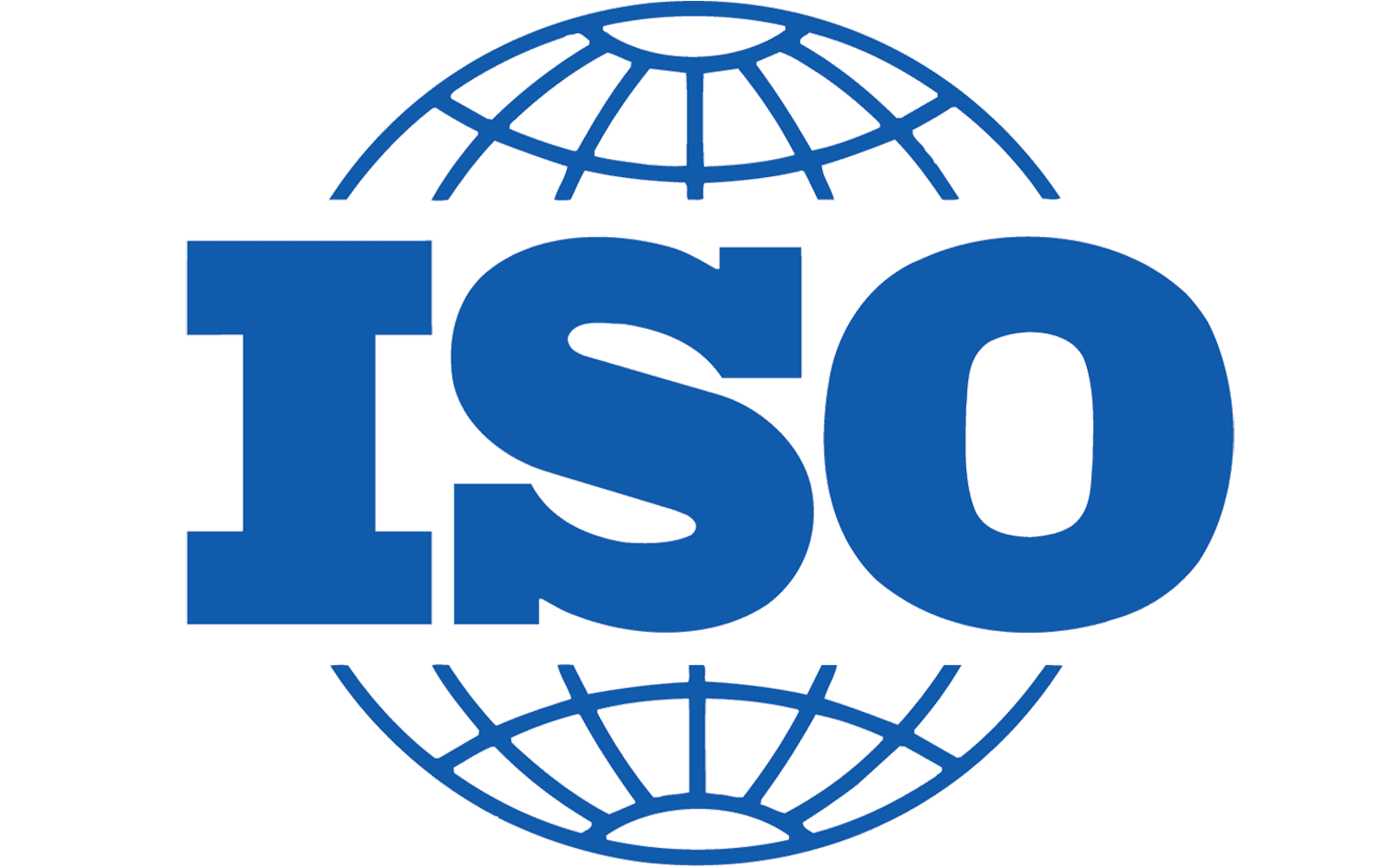 The blue ISO logo features large bold letters ISO in front of a stylized globe made of curved lines, symbolizing international standards and global reach.