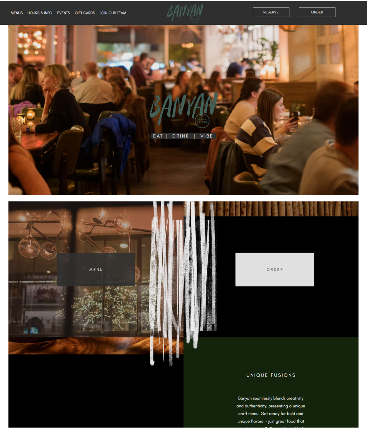 Screenshot of Banyan Bar + Refuge, from the wix restaurant website examples collection.