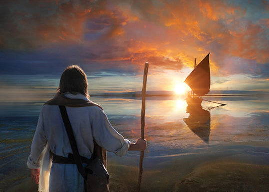 Jesus standing on the shore watching a fishing boat at sunrise.