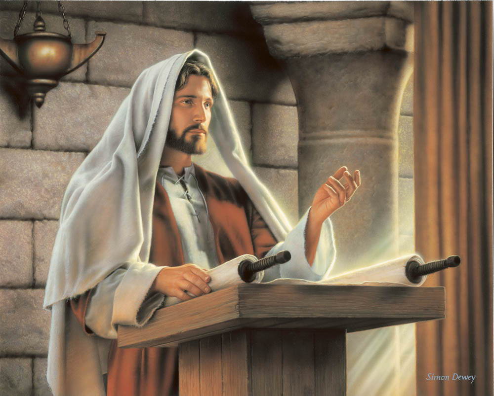 Painting of Jesus teaching at a podium. A scroll is spread out on the podium.
