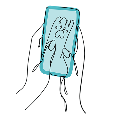 Line drawing of hands holding mobile phone with paw print