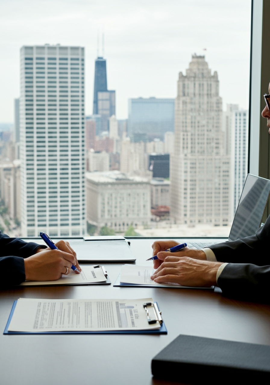 Step 3: A person meeting with a tax attorney in a professional office with Chicago's skyline visible through the window. They're reviewing options for resolving an outstanding tax issue, with documents spread across the table showing payment plans and lien release procedures.