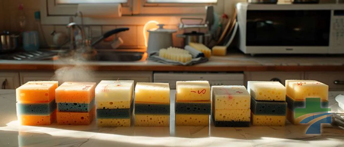 Kitchen sponges lined up for battle with cleaning tools as weapons.