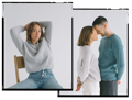 Bild Links: Frau mit einem blauen Seldom Strickpullover. Bild Rechts: Mann mit einem grauen Strickpullover von Seldom. 
